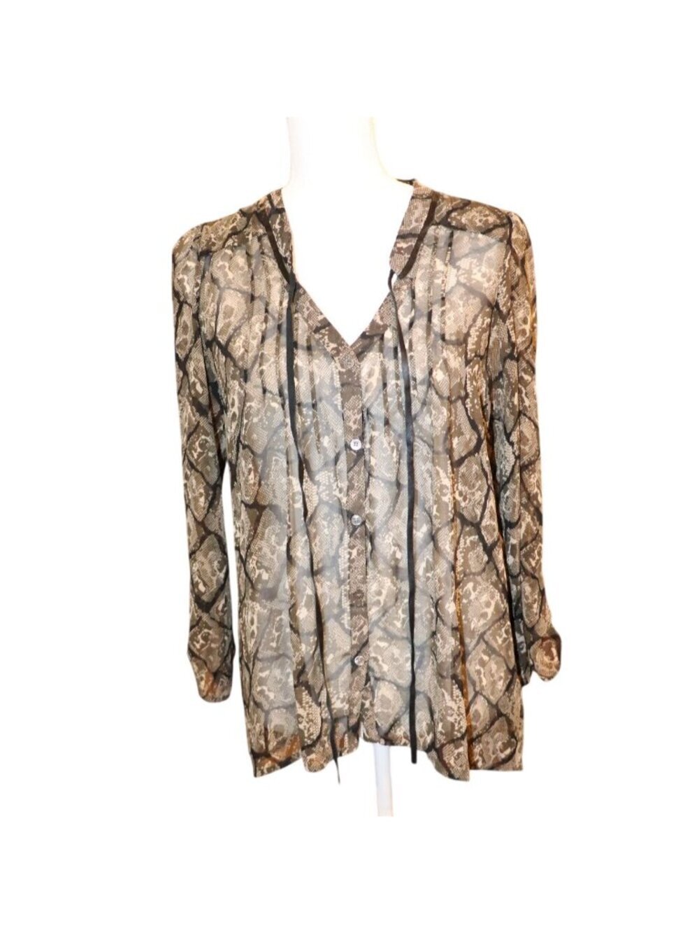 Patterson J. Kincaid Snake Print Sheer Blouse With Leather Trim, Size M